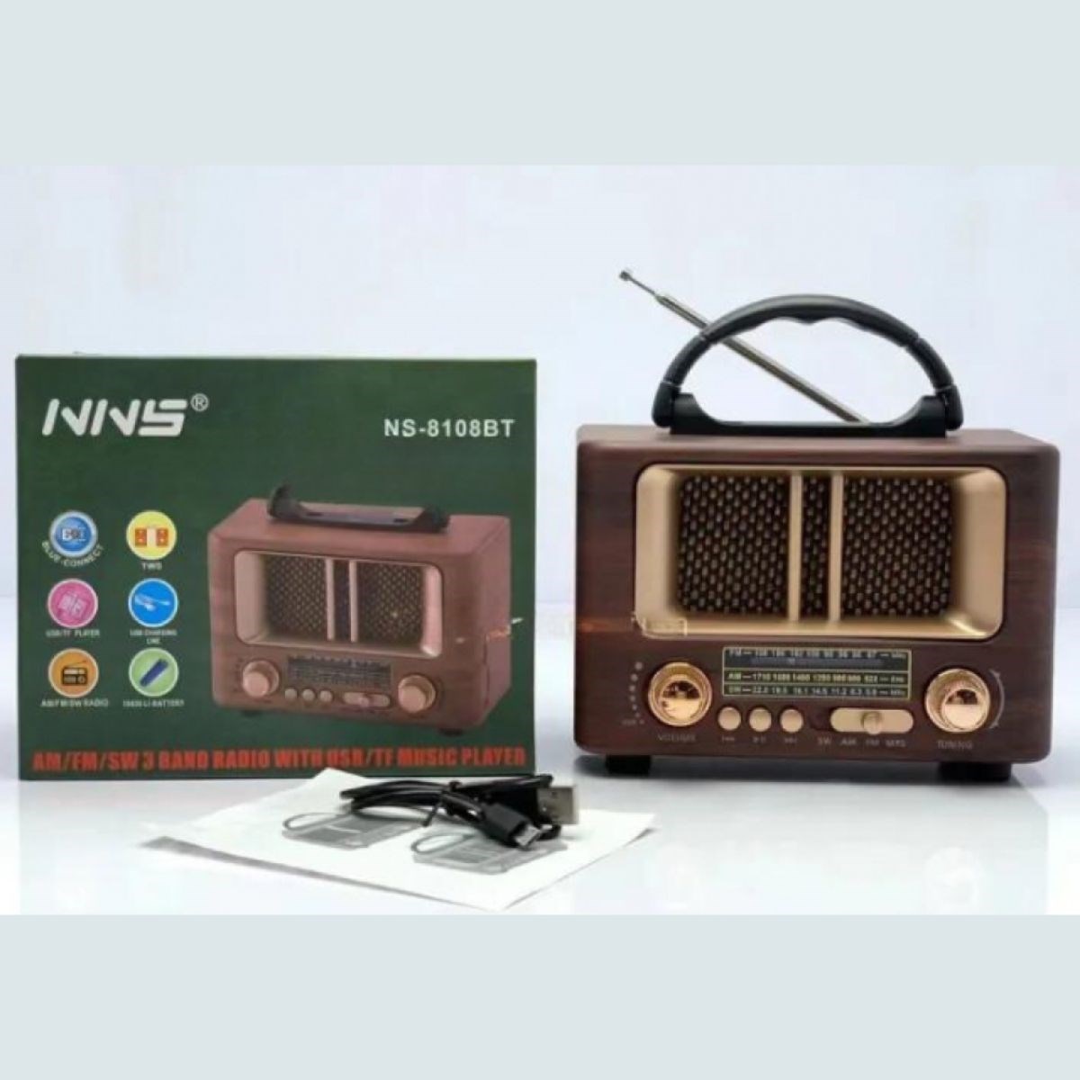 Küçük Mini Boy Retro Ahşap Tasarım Bluetooth Hoparlörlü Radyo – FM/AM Destekli, Şarjlı ve Taşınabilir Radyo NS-8108 — Veyo — görsel 4