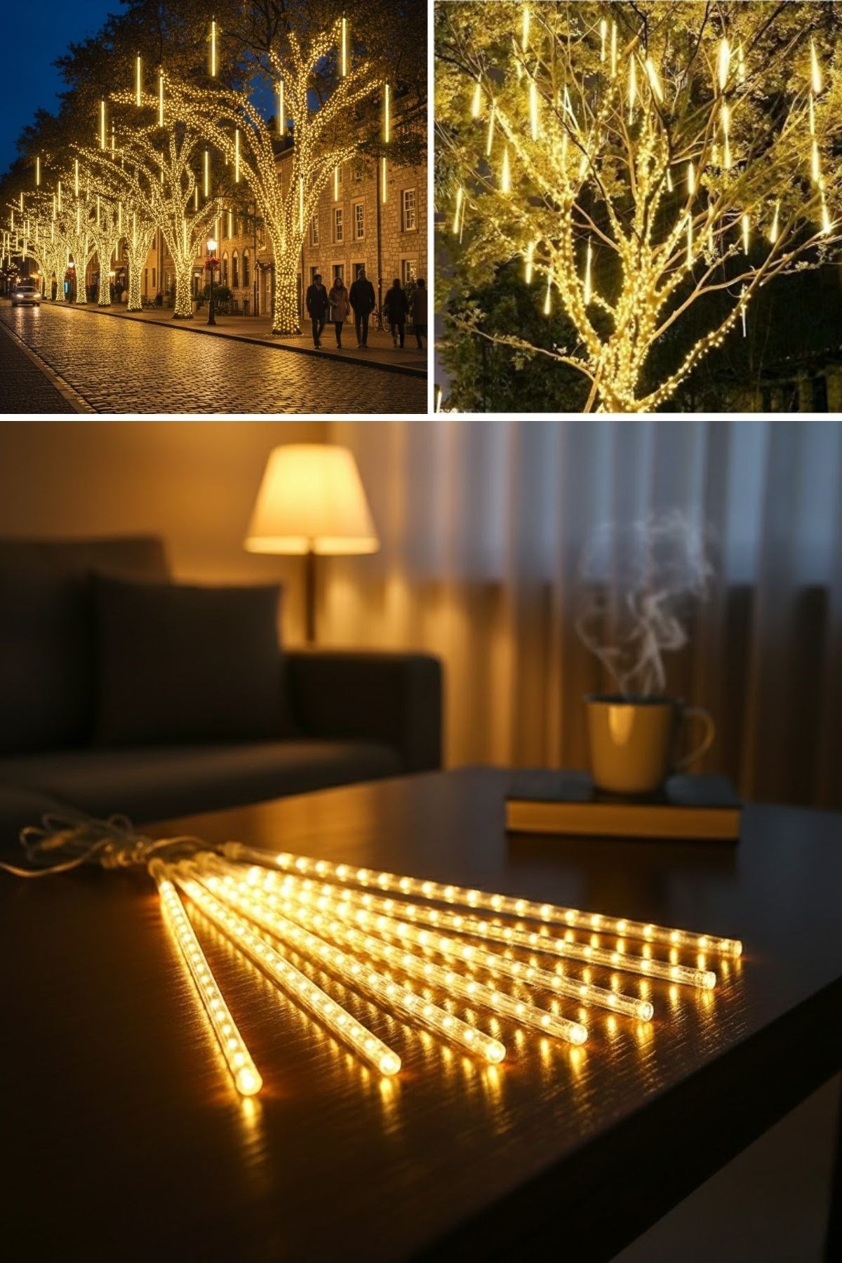 10'lu 45 cm Plastik Meteor LED USB 2M Kablo Sarı Renk Ağaç Işığı – Renk Değiştiren Asmalı Dekoratif Bahçe ve Dış Mekan Aydınlatması