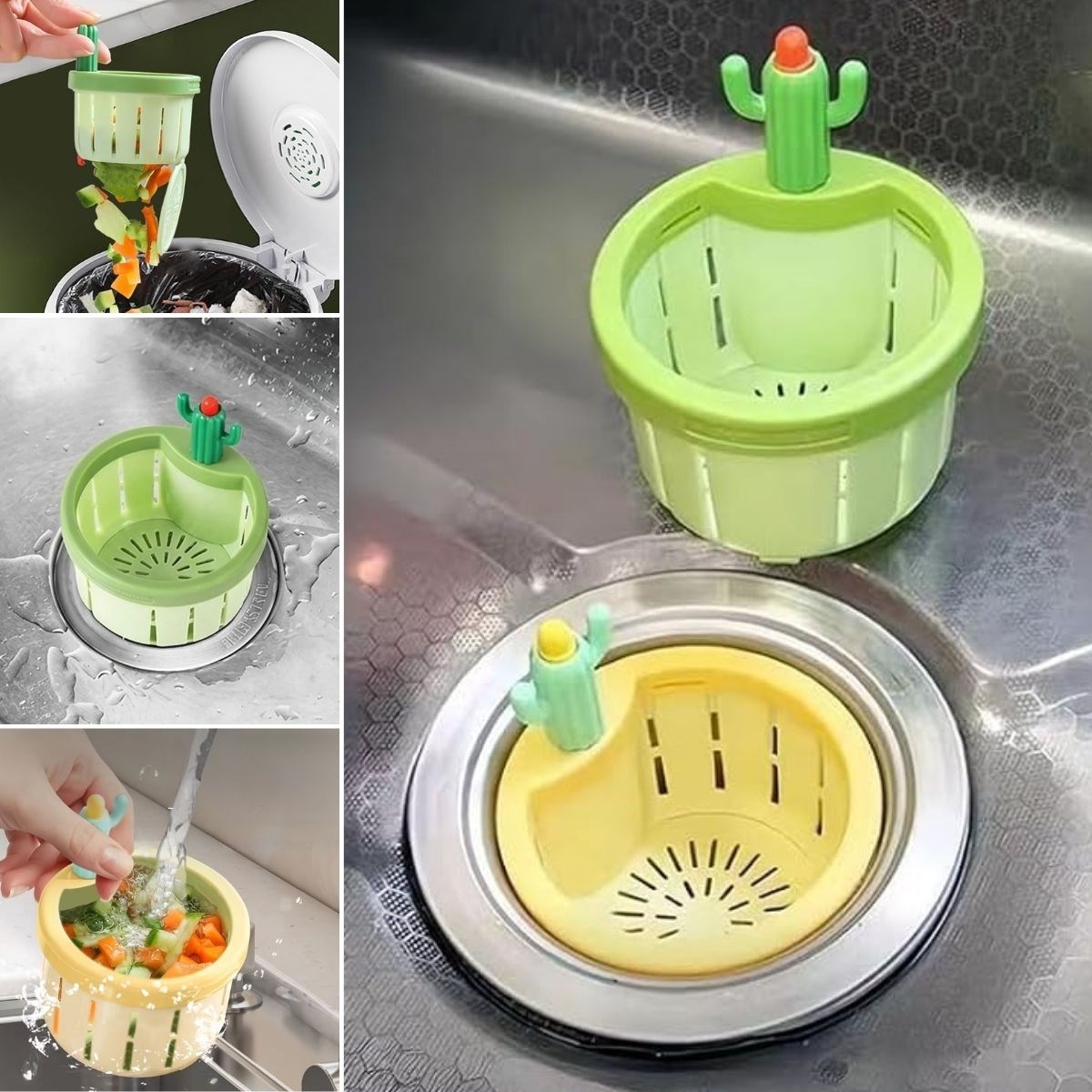 Basmalı Kaktüs Mutfak Lavabo Süzgeci – Sebze Artıkları ve Yemek Kalıntıları İçin Gider Filtresi — Veyo