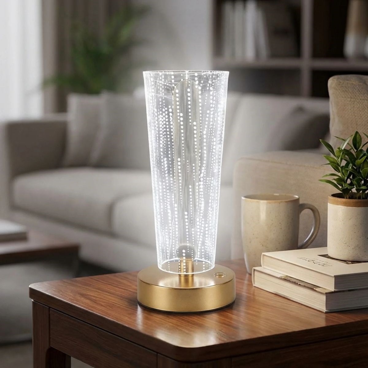 Silindirik Kristal Nokta Model LED Masa Lambası – Gold Tabanlı, Dokunmatik, 3 Renk Işık Modlu, Şarjlı Modern Dekoratif Gece Lambası — Veyo — görsel 4