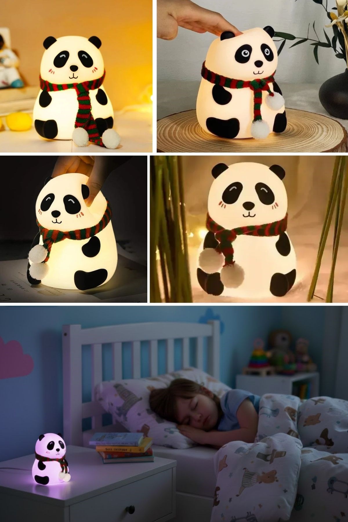 5 Farklı Renk Modlu Panda Figürlü Pofuduk LED Gece Lambası–Yumuşak Dokulu Çocuk Odası ve Dekoratif Şarjlı Ortam Işığı — Veyo — görsel 7
