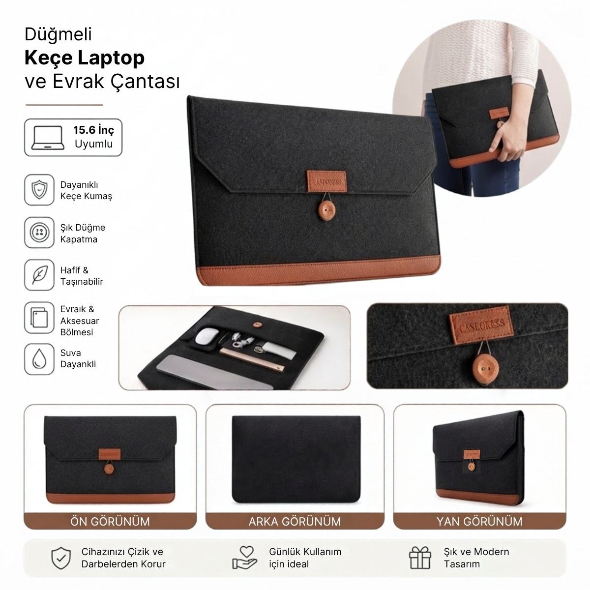Keçe Laptop ve Evrak Çantası Düğmeli Kapanışlı Notebook Dosya Taşıma Aksesuar Bölmeli Dayanıklı