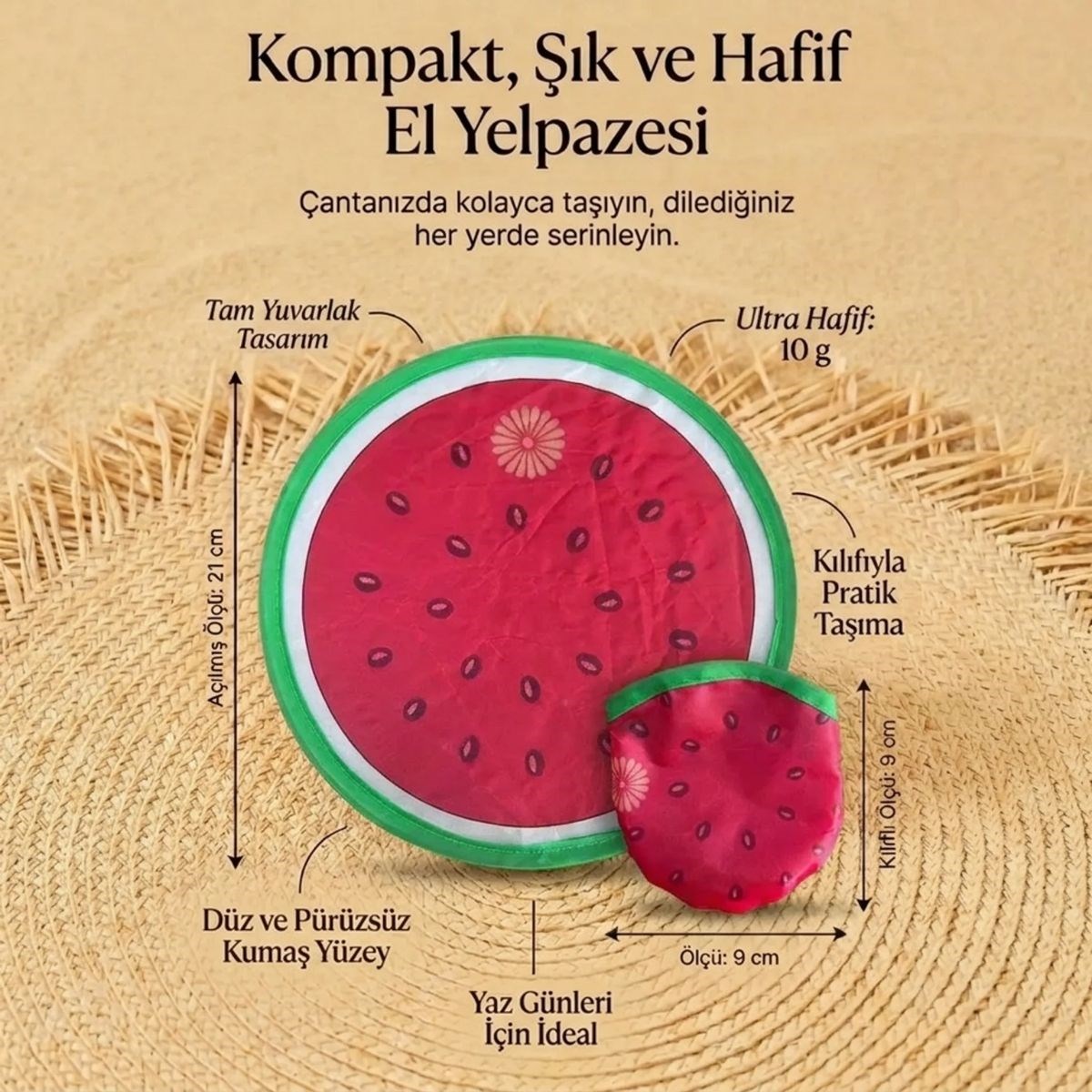 Karpuz Desenli Katlanabilir Cep Yelpazesi - Kılıflı Yuvarlak Kumaş El Yelpazesi — Veyo — görsel 5