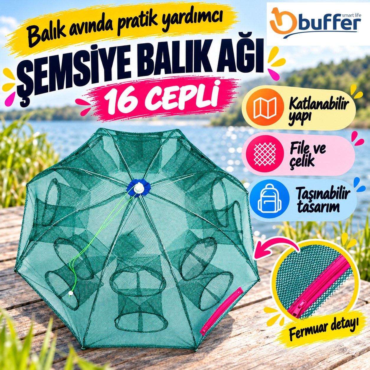 Şemsiye Tipi Katlanabilir Çelik Destekli Çok Cepli Taşınabilir Dayanıklı Serpme Balık Tuzağı File