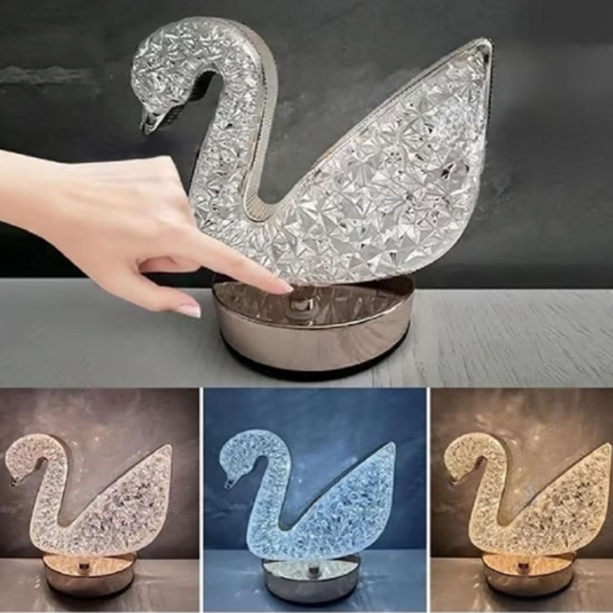 Kuğu Model Kristal LED Masa Lambası – Dokunmatik, 3 Renk Işık Modlu, Şarjlı Mini Dekoratif Gece Lambası — Veyo — görsel 3
