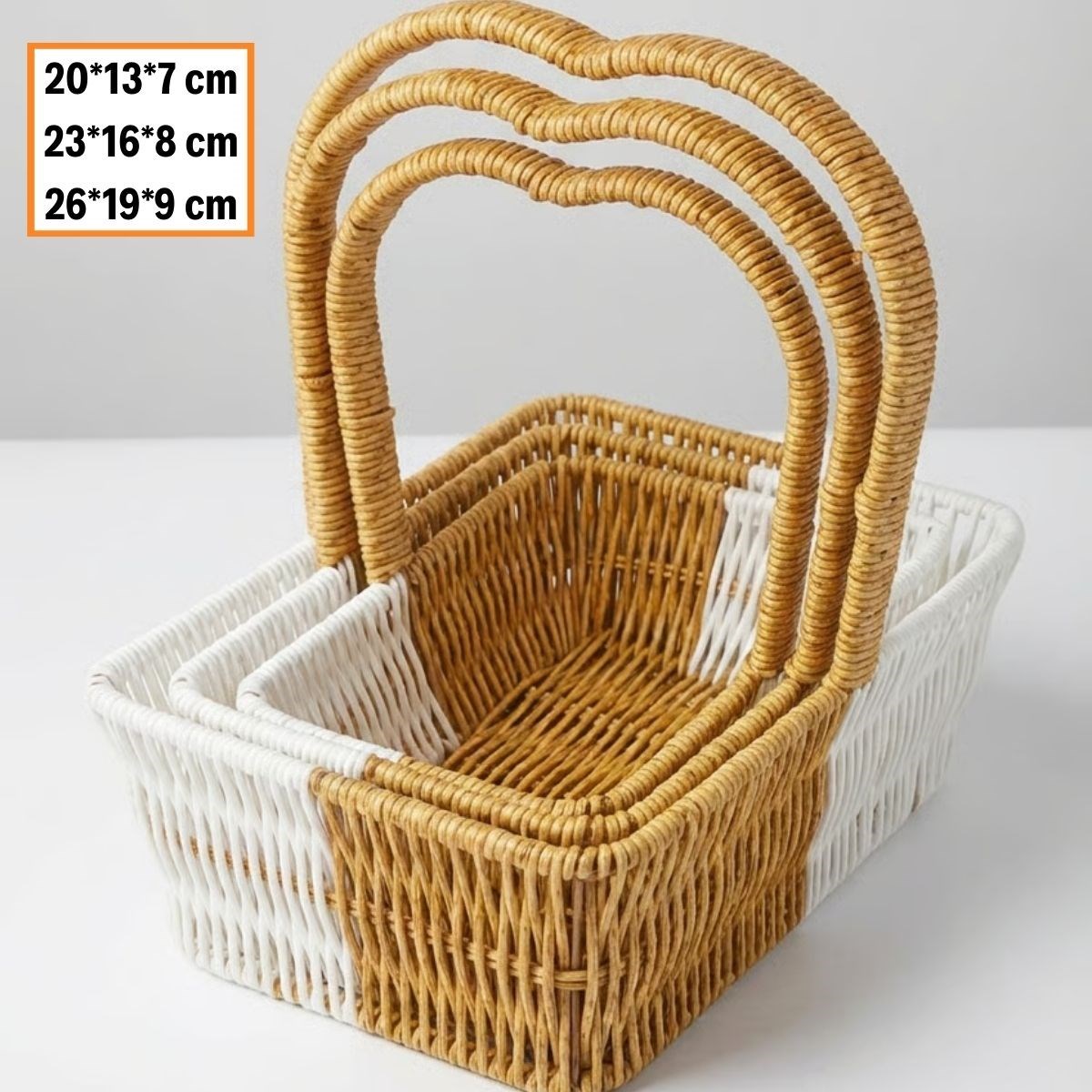 İç İçe Geçebilen 3’lü Çift Renkli Dikdörtgen Formlu Kalp Saplı Plastik Rattan Sepet Seti – Hasır Görünümlü Çok Amaçlı Organizerler — Veyo — görsel 5
