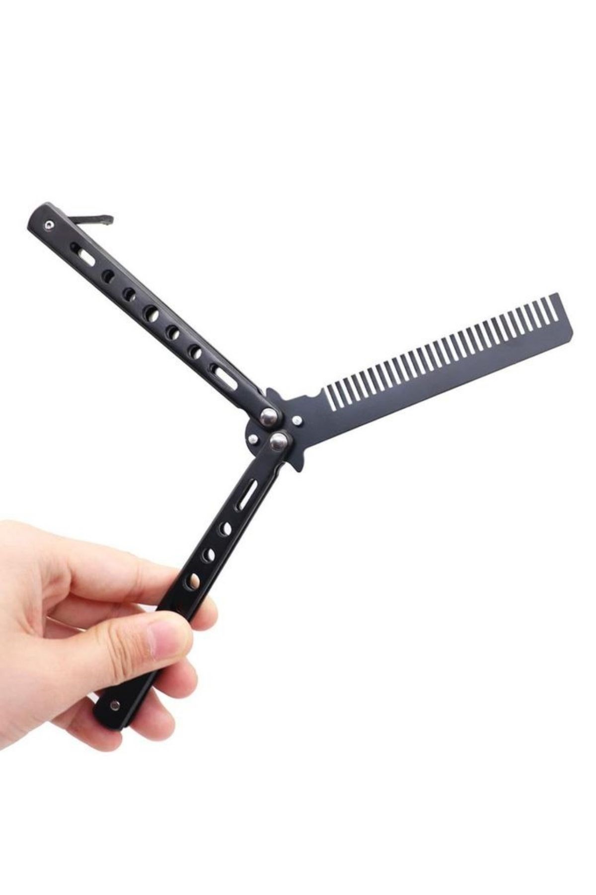 BUFFER® Siyah Katlanabilir Paslanmaz Çelik Kelebek Bıçak Tarak Sakal Bıyık Fırçası Profesyonel Saç Kesimi İçin Tarak