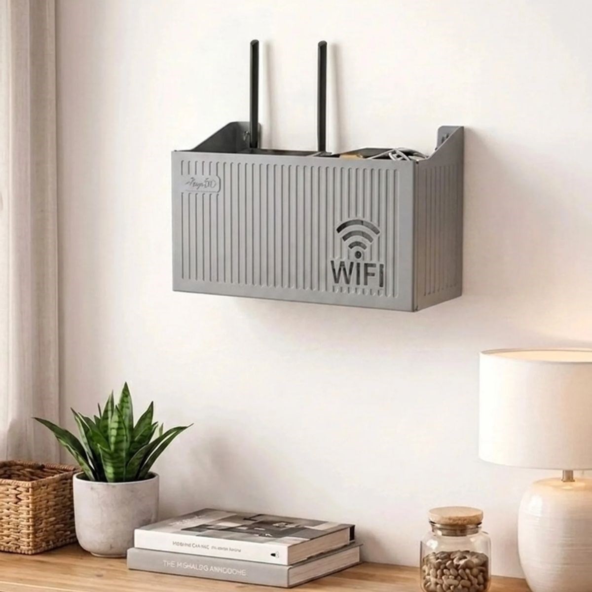 Duvar Tipi Wi-Fi Modem Saklama Kutusu(Gri) – Kablo Düzenleyici Router Raf Organizer — Veyo — görsel 4