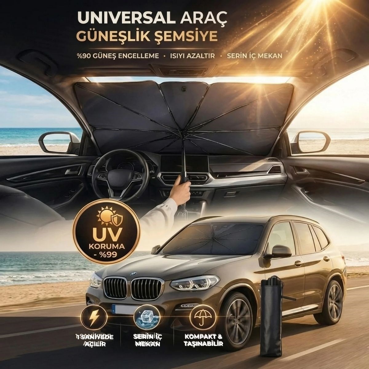 Premium Katlanabilir Araç Ön Cam Güneşliği – Şemsiye Tipi Oto Güneşlik, UV Korumalı Isı Yalıtımlı Ön Cam Gölgelik — Veyo — görsel 2