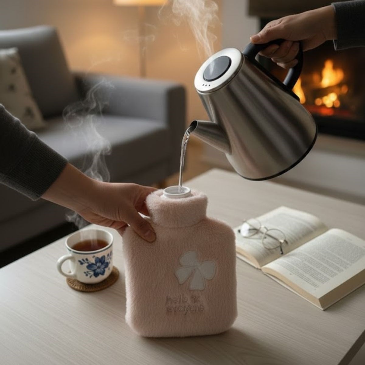 Hello Everyone Yazılı Kurdeleli Pembe Peluş Sıcak Su Torbası 1 Lt – Yumuşak Kılıf, Uzun Süre Sıcak Tutan Termal Su Torbası — Veyo — görsel 3