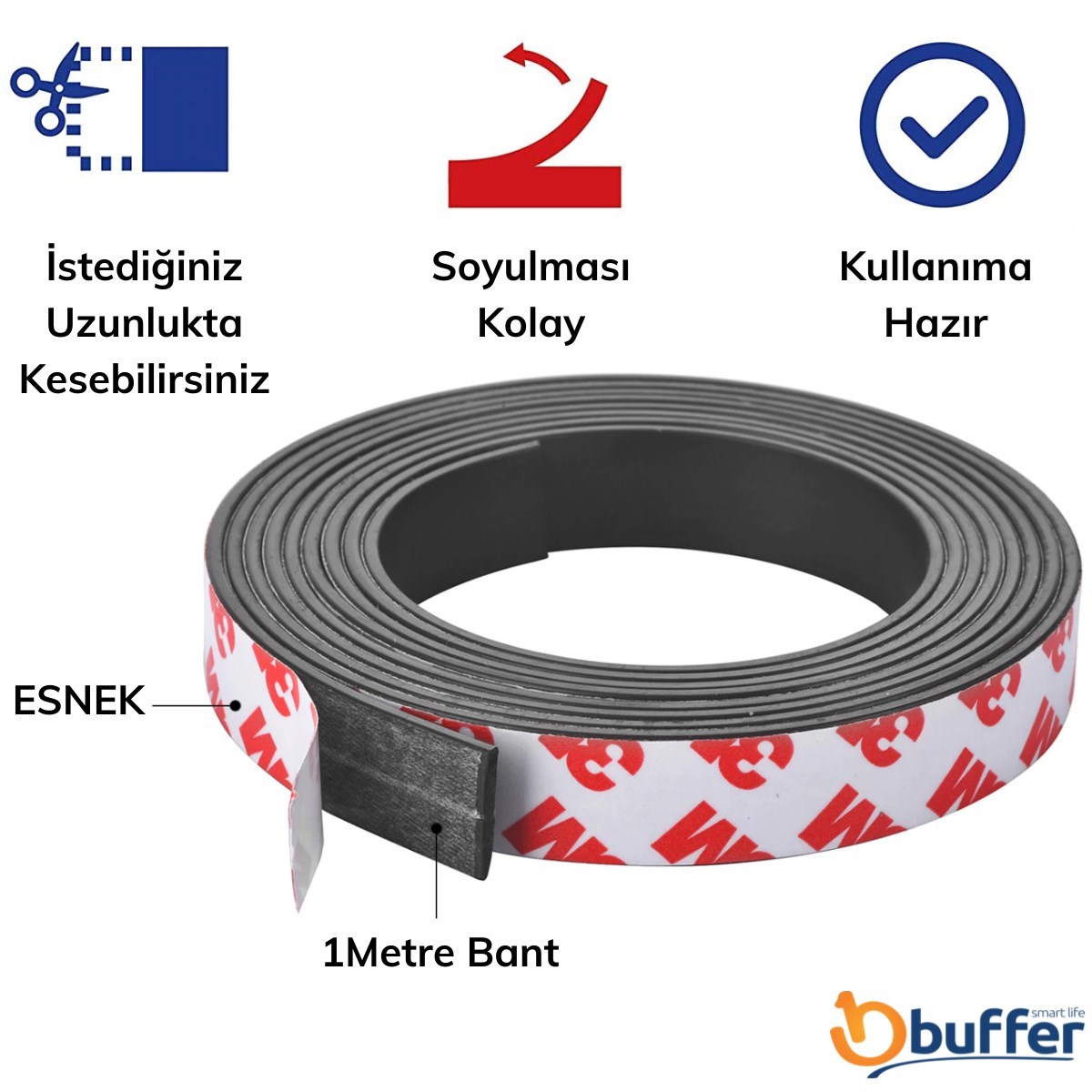 Yapışkanlı Şerit Mıknatıs Magnet Kes Kullan Güçlü Sağlam Rulo Çıkarılması Kolay Siyah 2cm x 1 mt — Veyo — görsel 3