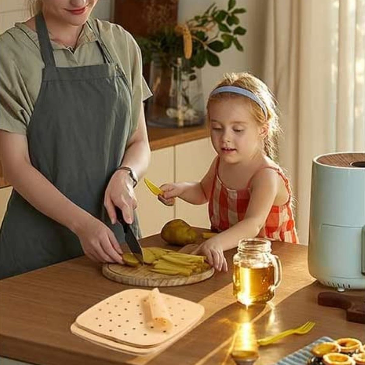 250 Adet Air Fryer Pişirme Kağıdı Tek Kullanımlık Hava Fritöz Yağ Geçirmez Yapışmaz Gıda Pişirme Kağıdı Delikli Kare Model — Veyo — görsel 4
