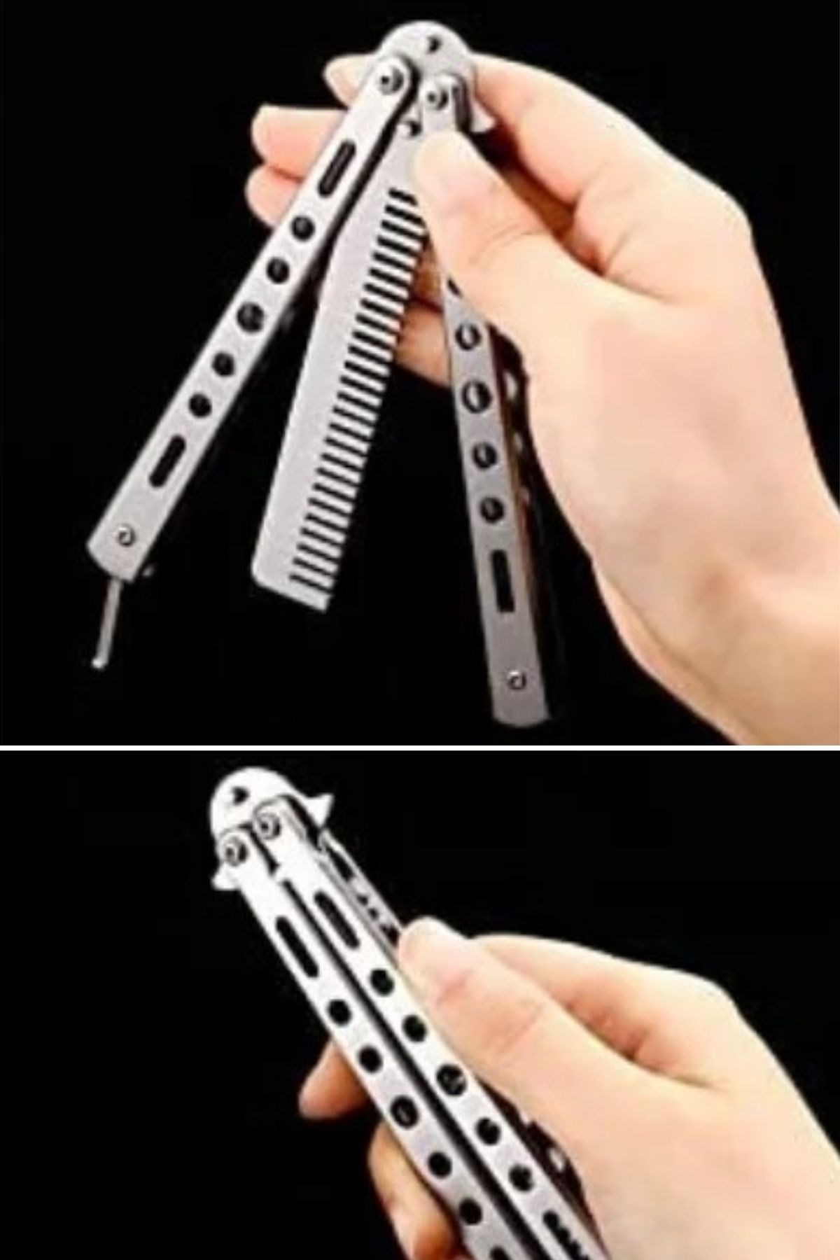 BUFFER® Gri Katlanabilir Paslanmaz Çelik Kelebek Bıçak Tarak Sakal Bıyık Fırçası Profesyonel Saç Kesimi İçin Tarak