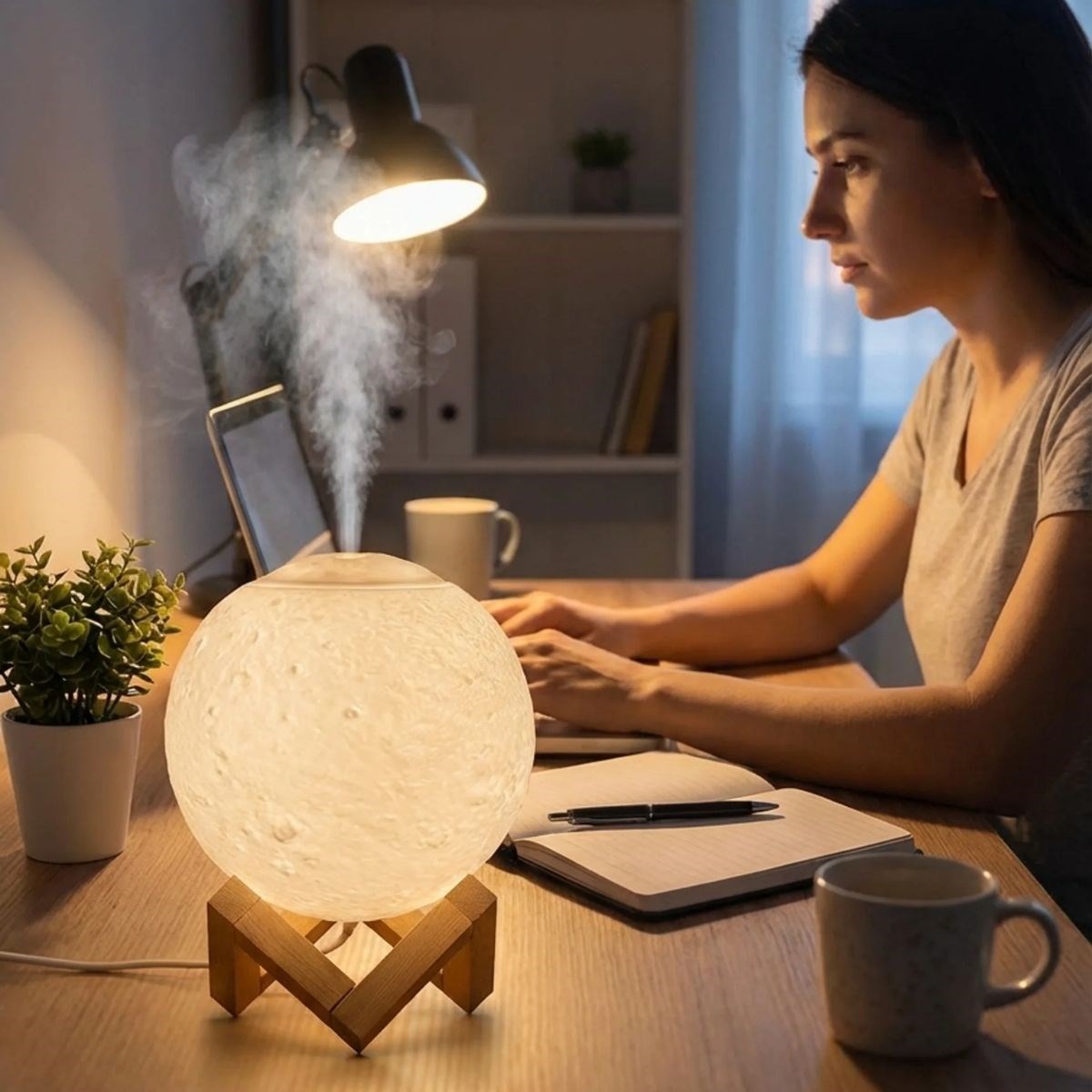 3D Ay Tasarımlı Su Yenilemeli USB Hava Nemlendiricisi – Dokunmatik, 3 Renk Işık Modlu (Gün Işığı / Beyaz / Sarı Işık) Gece Lambası — Veyo — görsel 2