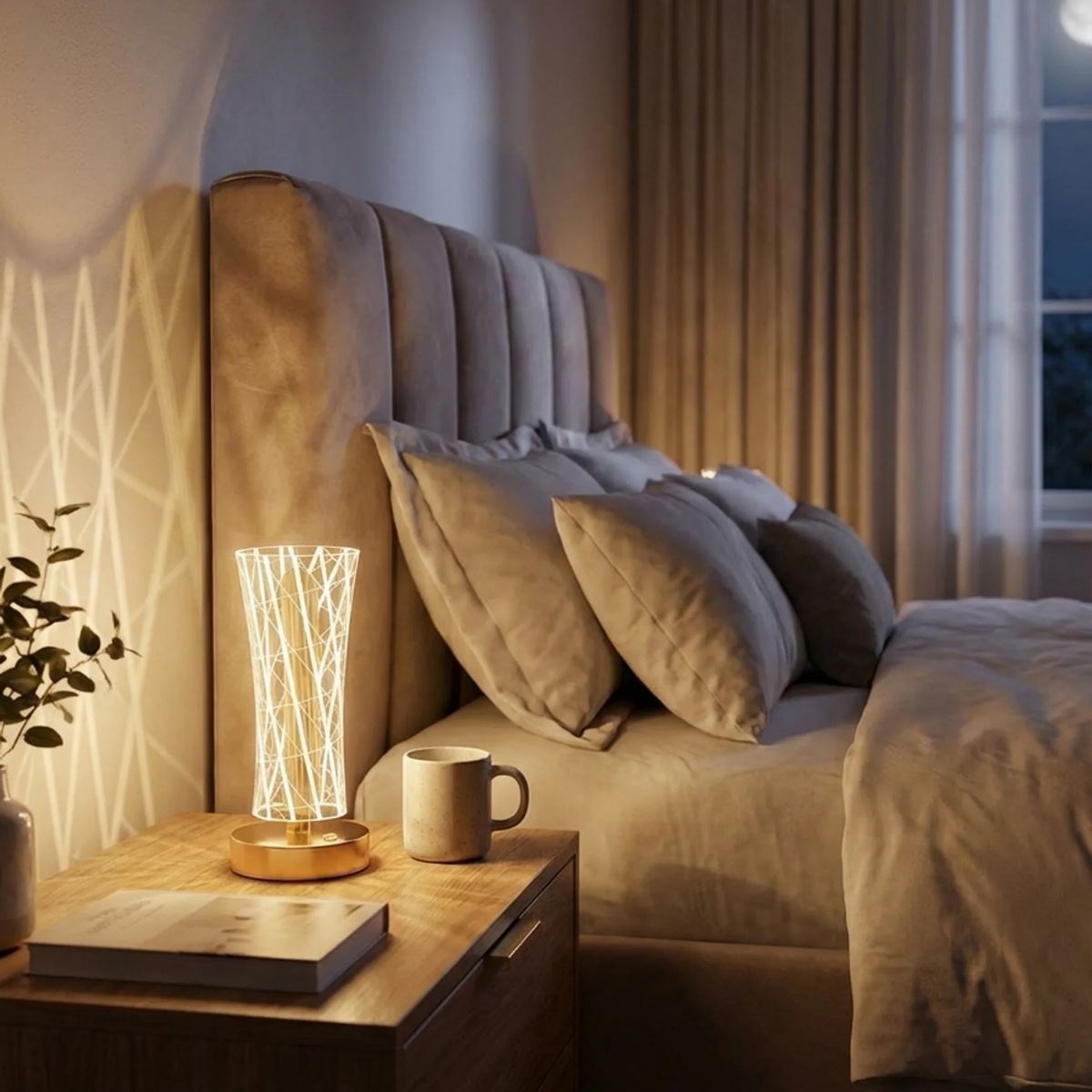 Silindirik Kristal Çizgi Model LED Masa Lambası – Gold Tabanlı, Dokunmatik, 3 Renk Işık Modlu, Şarjlı Modern Dekoratif Gece Lambası — Veyo — görsel 2