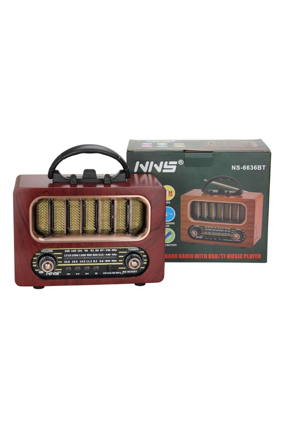 Orta Boy Retro Ahşap Tasarım Bluetooth Hoparlörlü Radyo – FM/AM Destekli, Şarjlı ve Taşınabiliri Radyo NS-6636 — Veyo — görsel 7