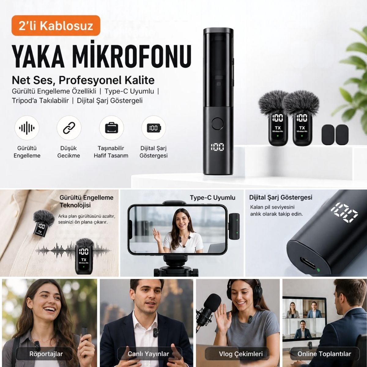 BUFFER® 2'li Kablosuz Yaka Mikrofonu, Type-C Uyumlu, Gürültü Engelleme Özellikli ve Tripod'a Takılabilir Dijital Şarj Göstergeli Telefon Mikrofon Seti