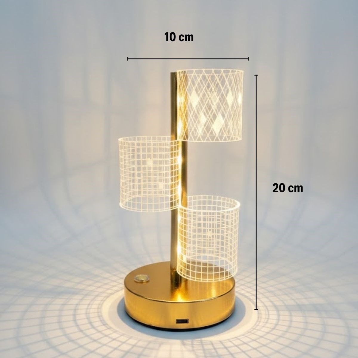 3 Parça Silindirik Kristal Ekose Kareli LED Masa Lambası – Gold Gövdeli, Dokunmatik, 3 Kademe Işık Ayarlı Şarjlı Dekoratif Lamba — Veyo — görsel 5