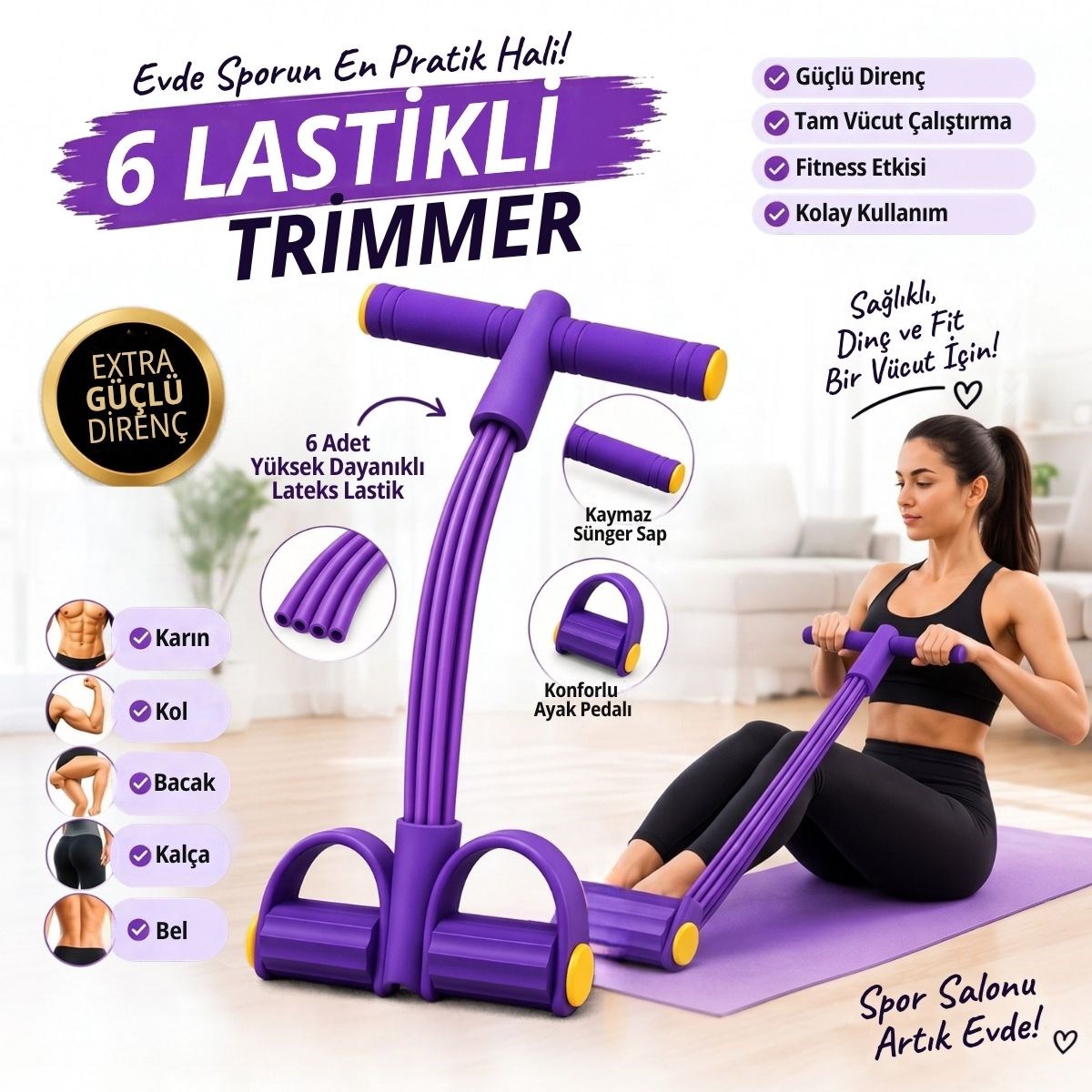 Jimnastik Aleti Body Trimmer Karın Kası Çalıştırıcı 6 Lastikli Elastik Yay 42 x 24 4 cm