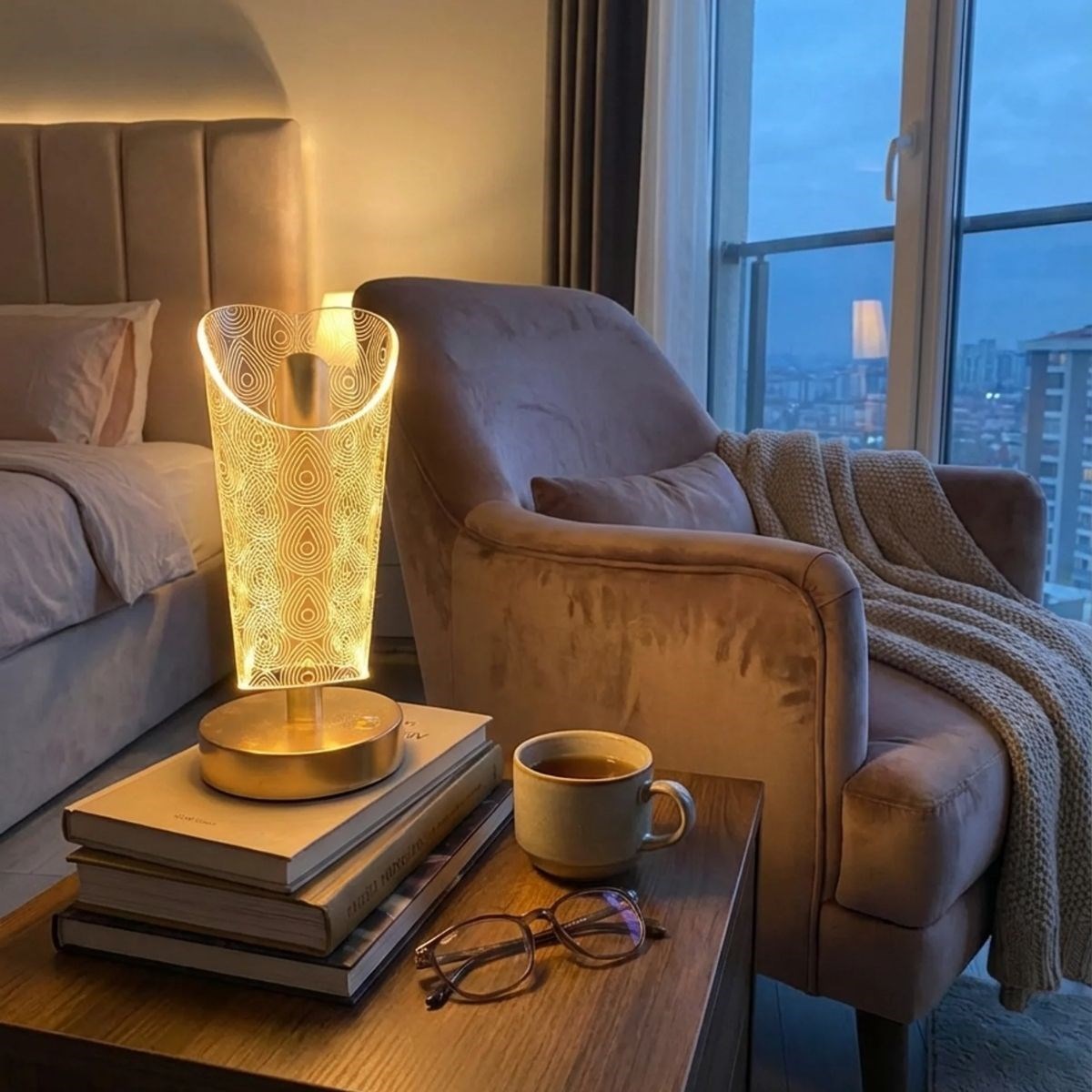 Açık Silindirik Kristal Damla Model LED Masa Lambası – Gold Tabanlı, Dokunmatik, 3 Renk Işık Modlu, Şarjlı Modern Dekoratif Gece Lambası — Veyo — görsel 3