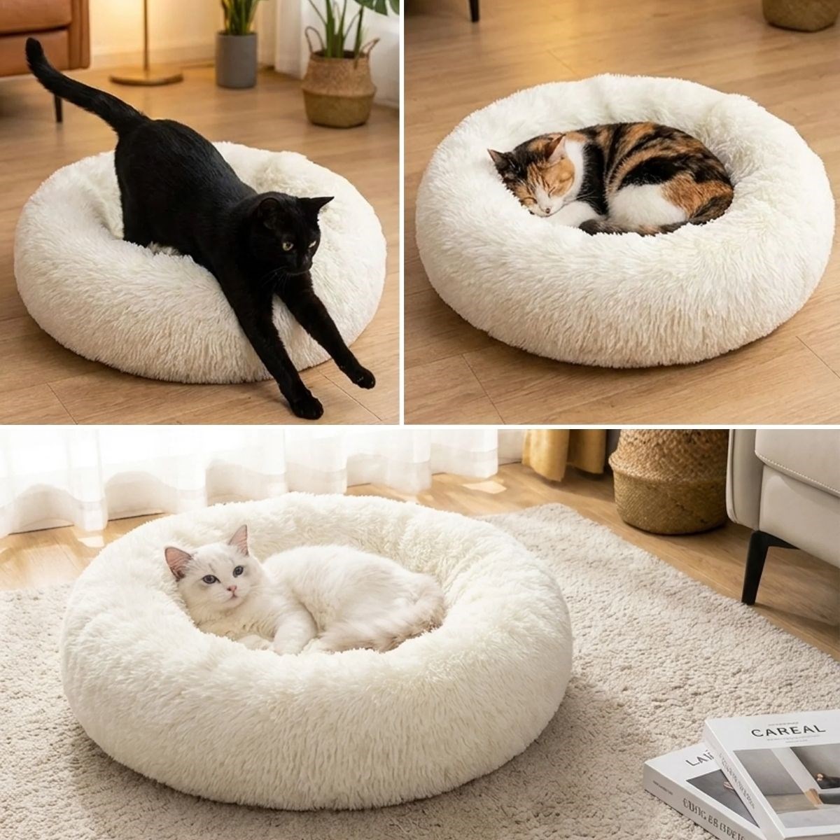 Yuvarlak Ultra Yumuşak Welsoft Peluş Kedi ve Köpek Yatağı – Kaymaz Taban Tüylü Pet Pufu,Uyku Minderi (krem) — Veyo — görsel 3