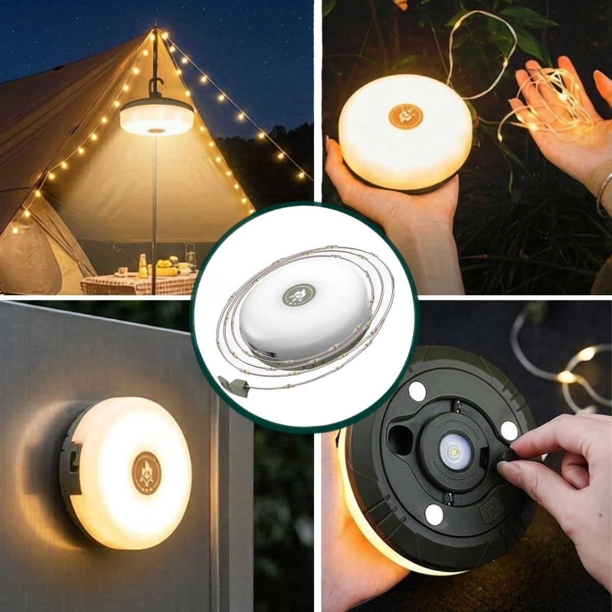 2’si 1 Arada 5 Farklı Işık Modlu Gün Işığı Şarjlı Kamp Lambası ve Makaralı 10 Metre Peri LED Işık – Su Geçirmez Mıknatıslı Aydınlatma Feneri — Veyo