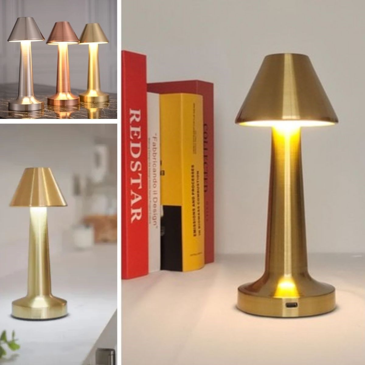 Çatı Model Gold Renk Şarjlı Dokunmatik 3 Renkli LED Masa Lambası — Veyo — görsel 3