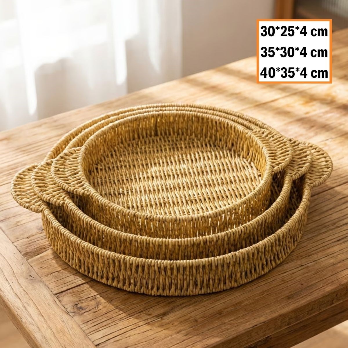 İç İçe Geçebilen 3’lü Yuvarlak Plastik Rattan Tepsi Seti–Hasır Görünümlü Çok Amaçlı Servis ve Sunum Tepsileri — Veyo — görsel 5