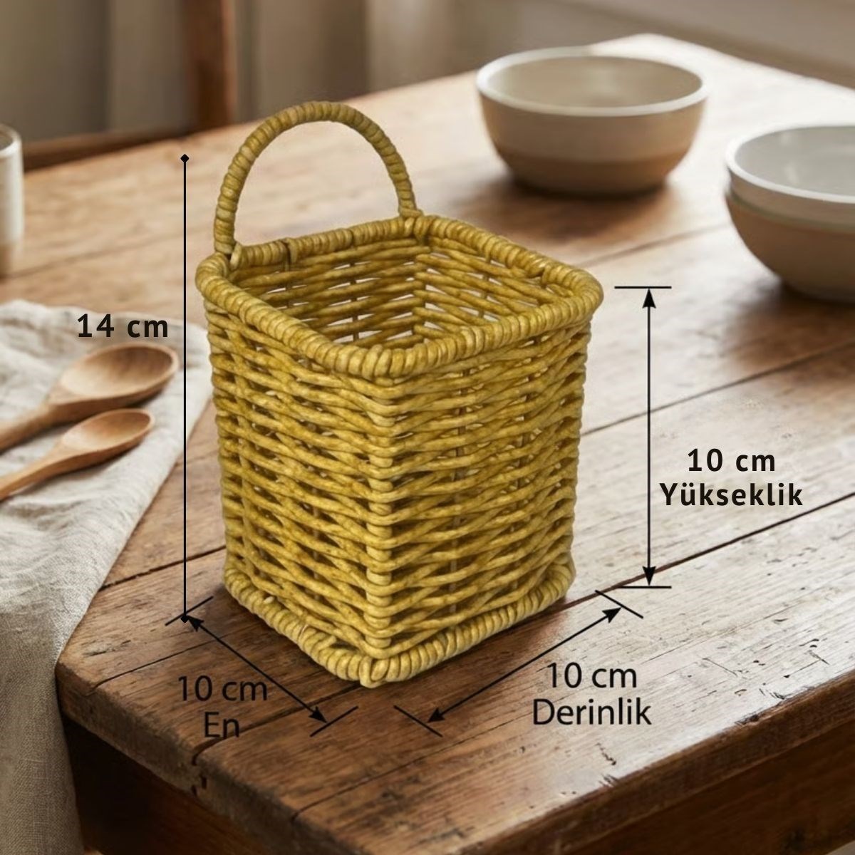 Kare Hasır Dokulu Plastik Rattan Kaşıklık & Çatallık – Askılı Kendiliğinden Tutmalı Çok Amaçlı Mutfak Organizeri — Veyo — görsel 5