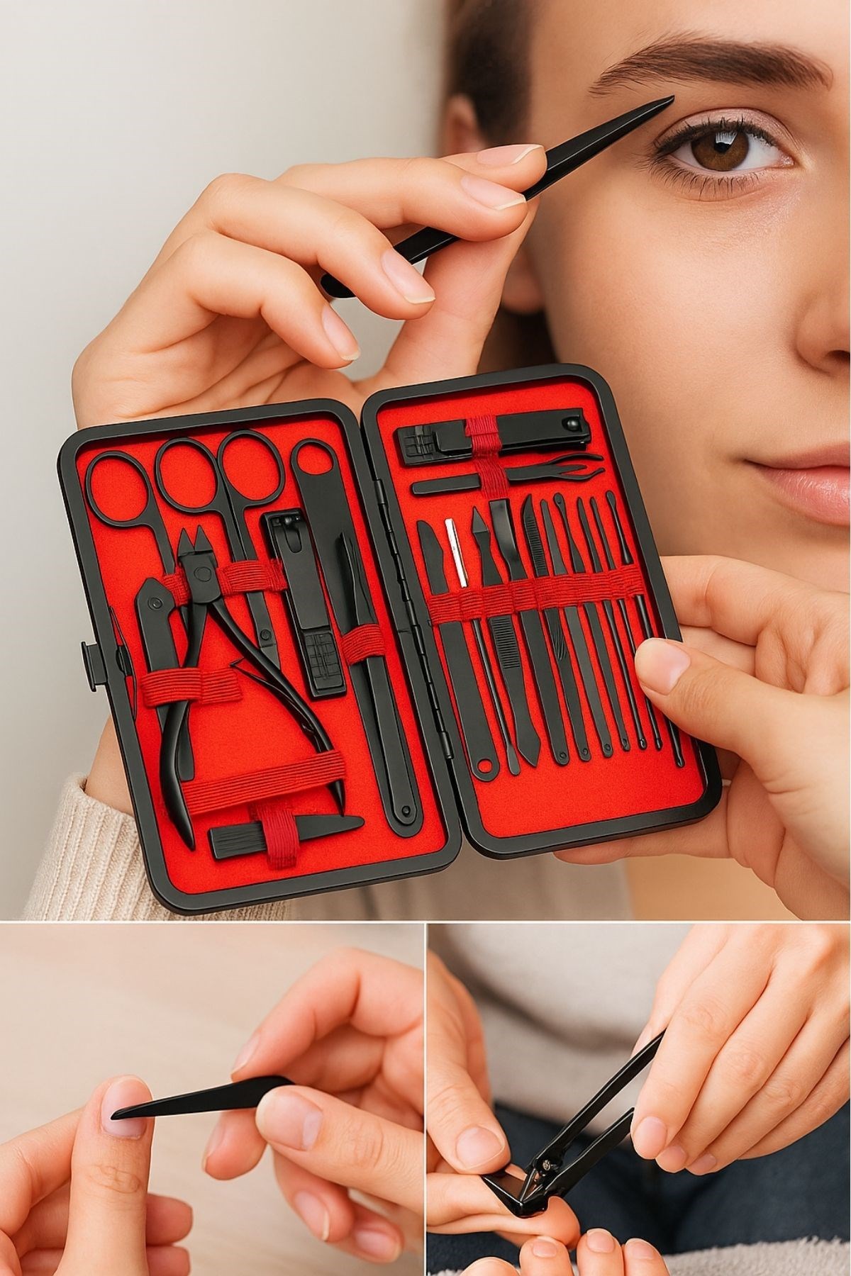 BUFFER® 24 Parça Kendiliğinden Deri Çantalı Seyahat Tipi Manikür Pedikür Seti