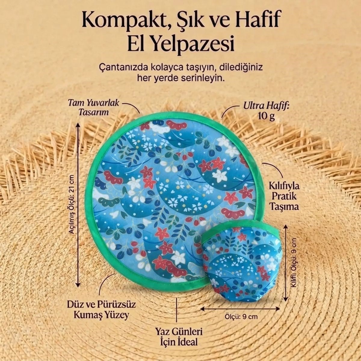 Çiçek ve Yaprak Desenli Pratik Katlanabilir El Yelpazesi – Kılıflı Yuvarlak Pratik Otomatik Açılıp Kapanan Cep Yelpazesi — Veyo — görsel 5
