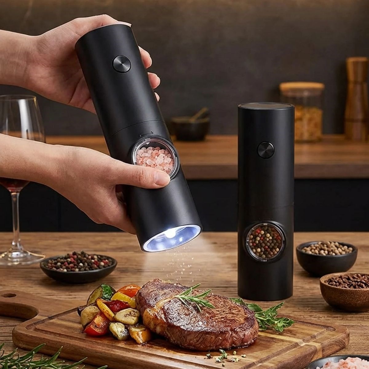 Otomatik Pilli Tuz Karabiber Değirmeni Seti 2’li – LED Işıklı, Standlı, Elektrikli Baharat Öğütücü Baharatlık — Veyo — görsel 4