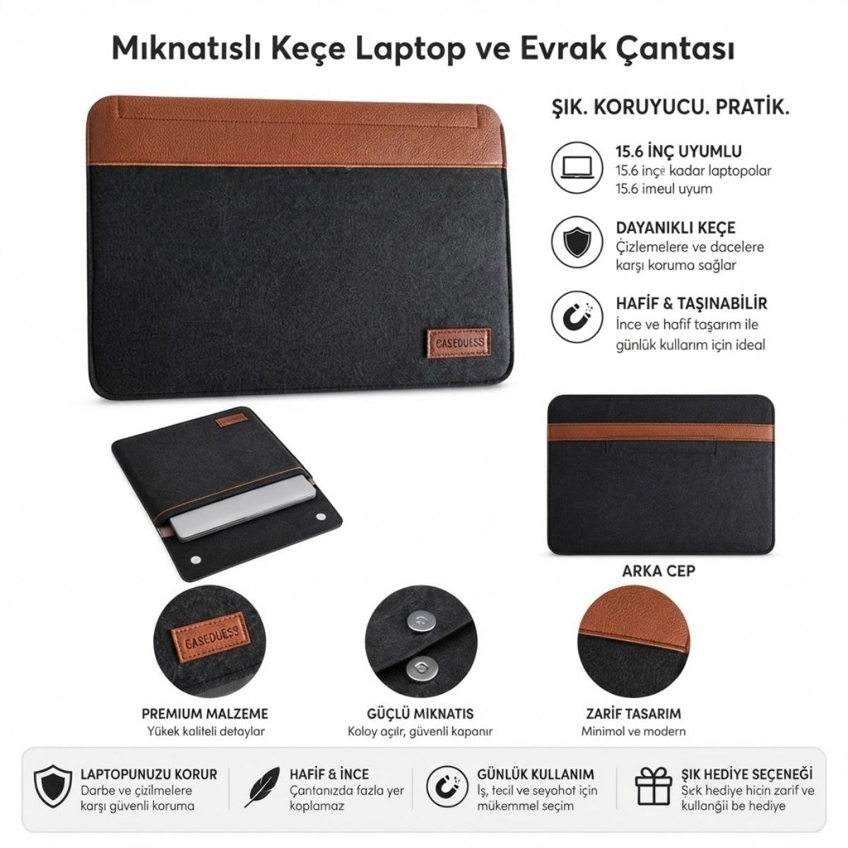 Keçe Laptop ve Evrak Çantası Mıknatıslı Kapanışlı Notebook Dosya Taşıma Arka Cepli Hafif Dayanıklı