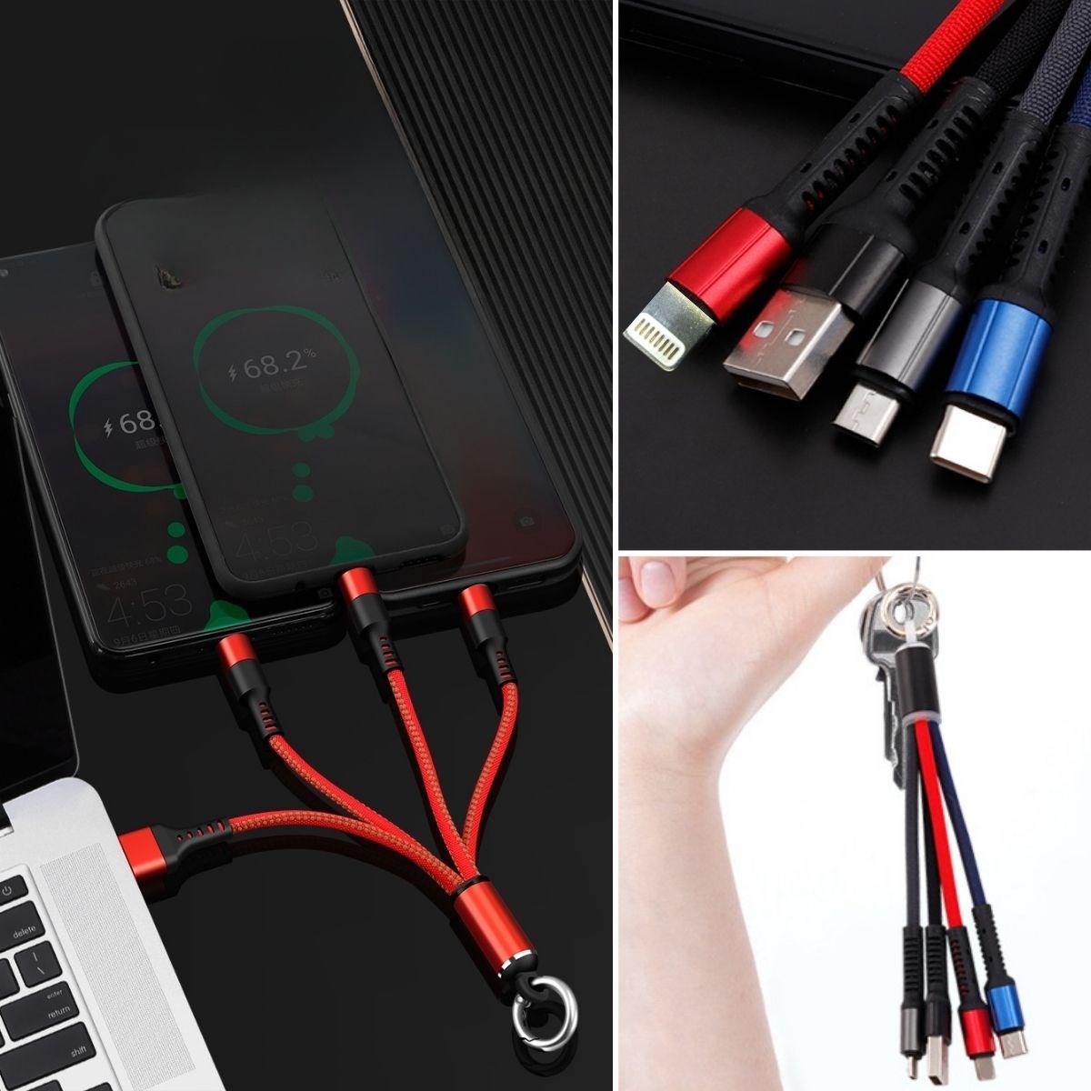 Işıklı Anahtarlık Model 3 in 1 USB Çıkışlı MİKRO,TYPE-C ve İphone Uyumlu Şarj Kablosu — Veyo — görsel 4