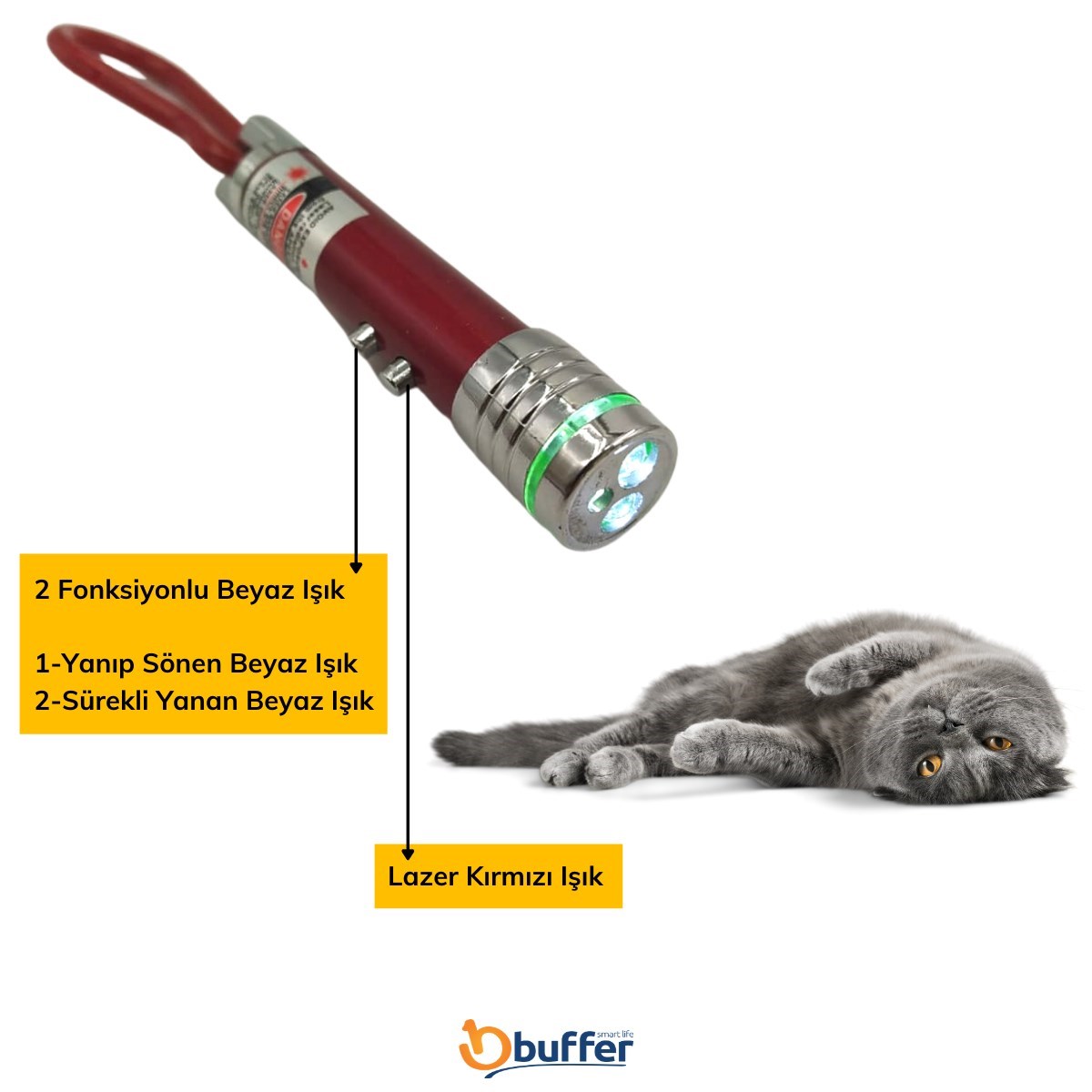 3 Fonksiyonlu Kırmızı Beyaz Işıklı Led Lazer Kedi Köpek Oyuncak Anahtarlık — Veyo — görsel 6