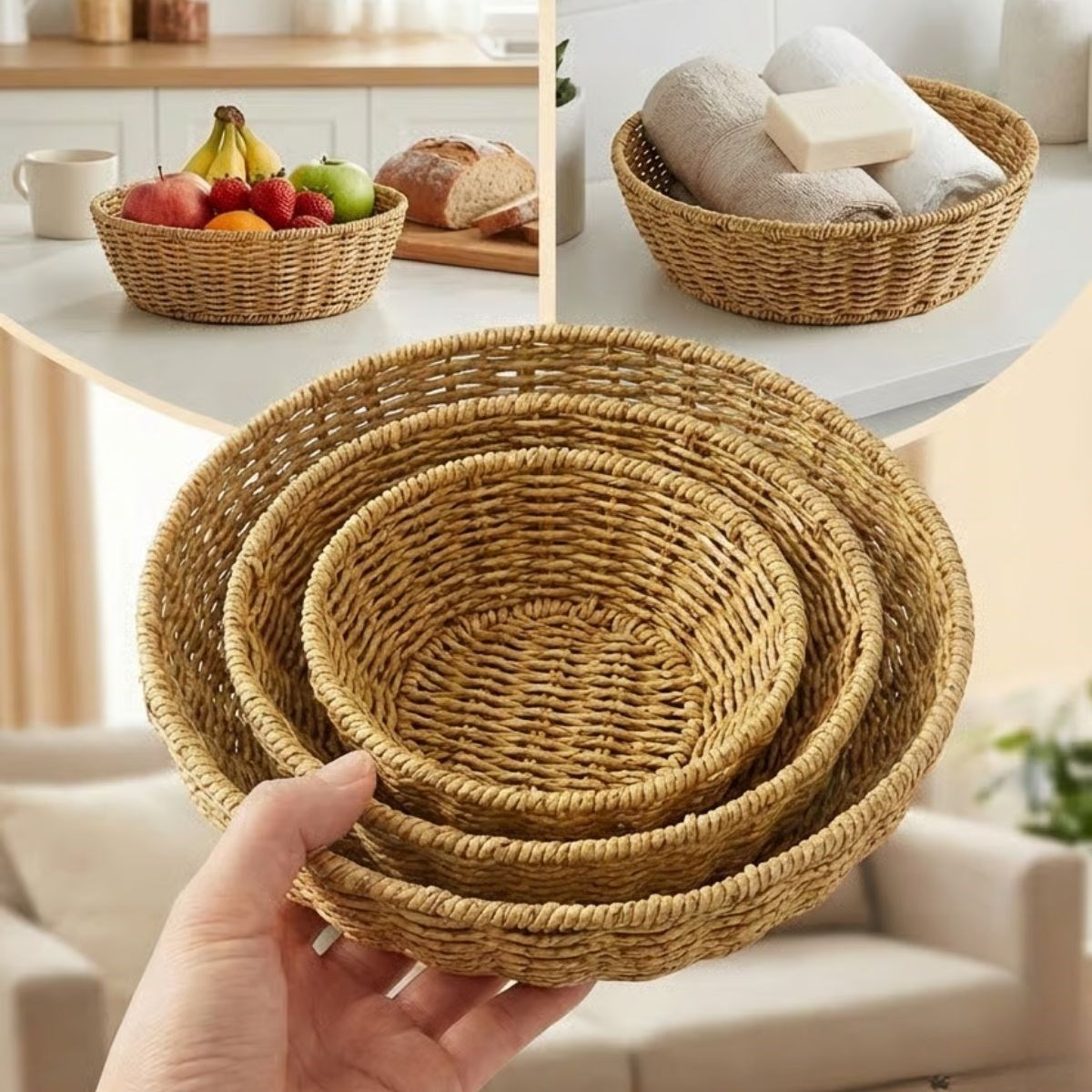 3’lü Plastik Rattan Çanak Seti – Hasır Görünümlü İç İçe Geçebilen Sunum ve Düzenleme Kaseleri, Mutfak & Masaüstü Çok Amaçlı Organizer — Veyo — görsel 4