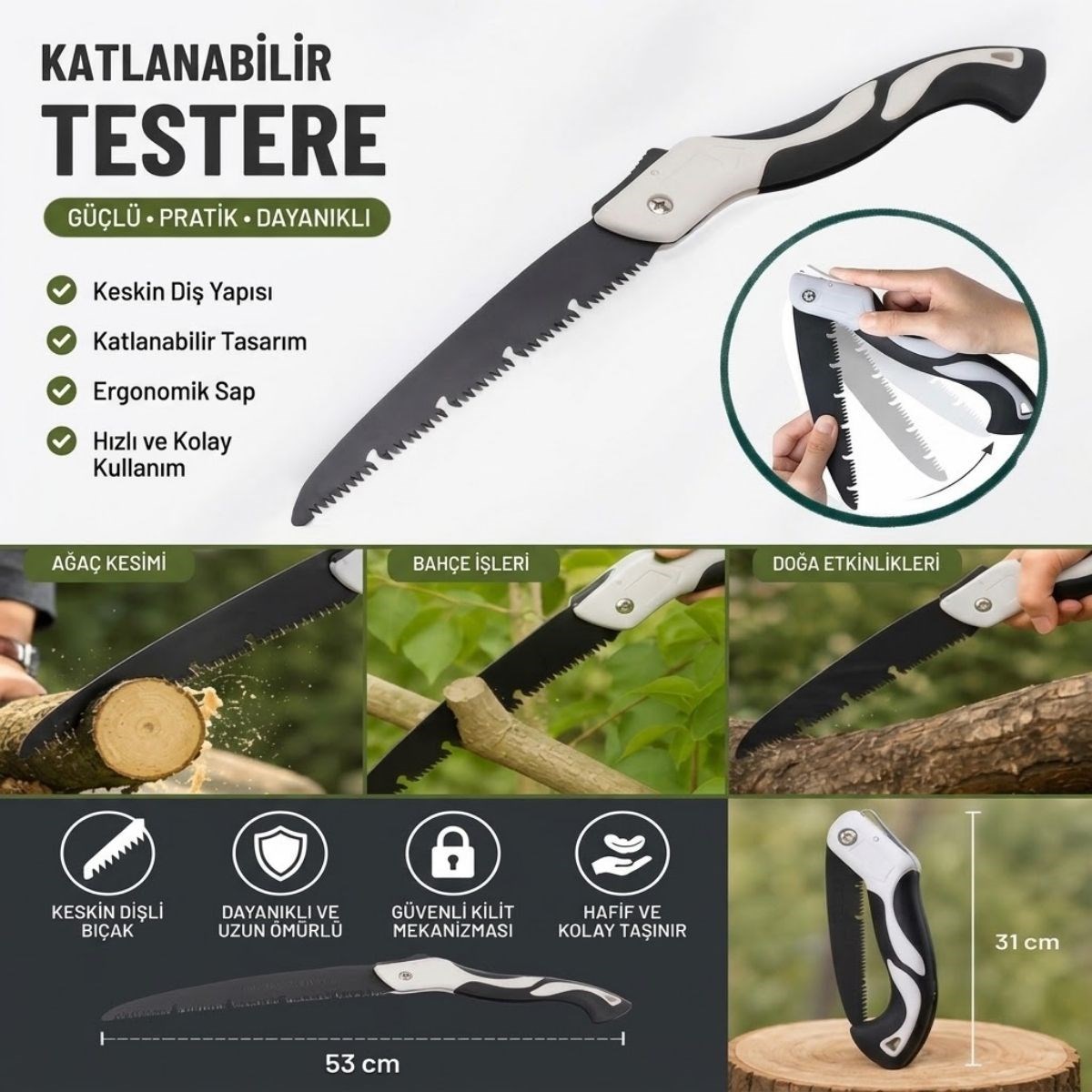 Katlanabilir El Testeresi Keskin Dişli Bahçe Budama Kamp ve Ahşap Kesim Aleti Kompakt Taşınabilir