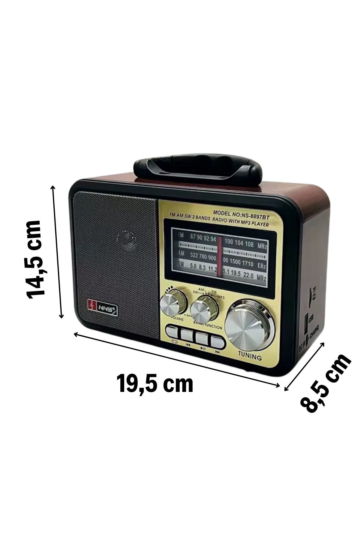 Orta Boy Retro, Nostaljik, Ahşap Tasarım Bluetooth Hoparlörlü, Şarjlı, Taşınabilir FM/AM Destekli Radyo NS-8897 — Veyo — görsel 8