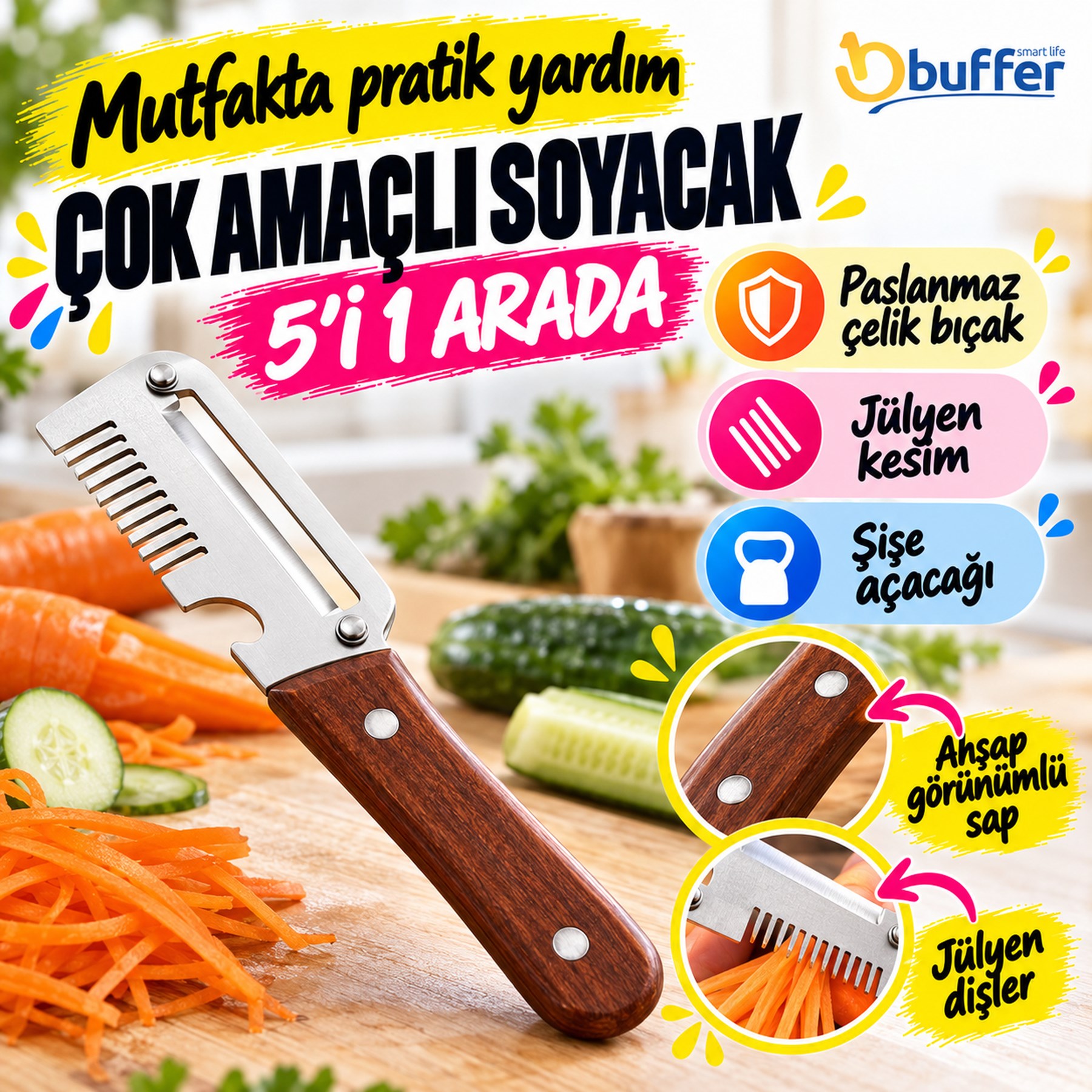 Mutfak Soyacağı Paslanmaz Çelik Bıçaklı Ahşap Görünümlü Saplı Jülyen Soyucu Şişe Açacağı
