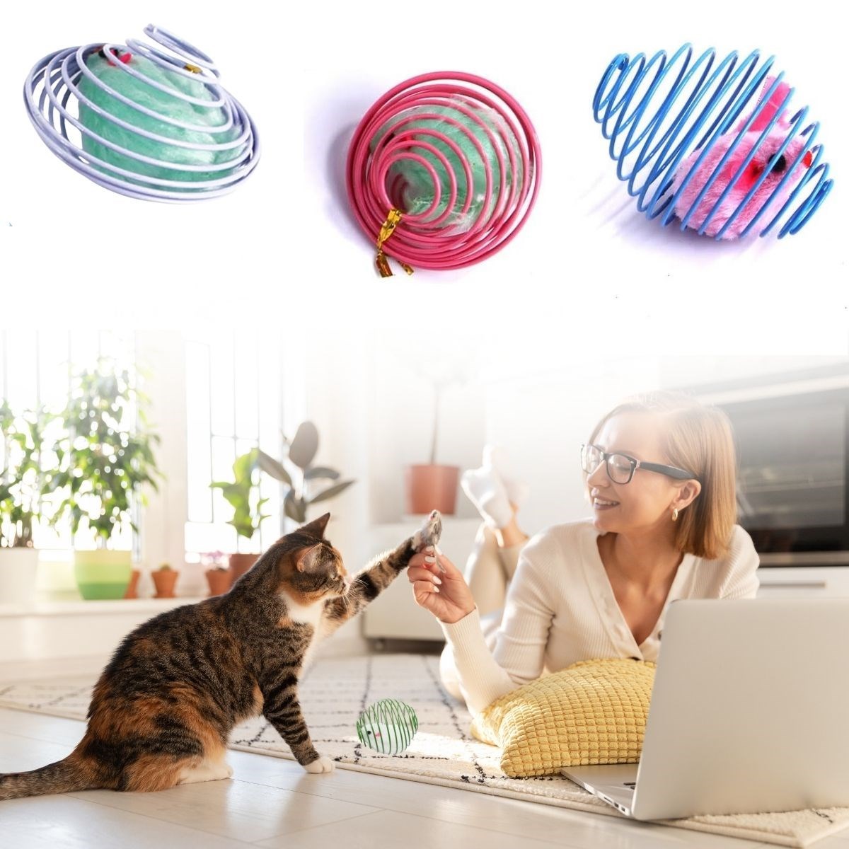 Kedi Oyuncağı Yaylı Metal Fareli Kafes Sıçrayan Spiral Top Dayanıklı Pratik Eğlenceli Hediyelik