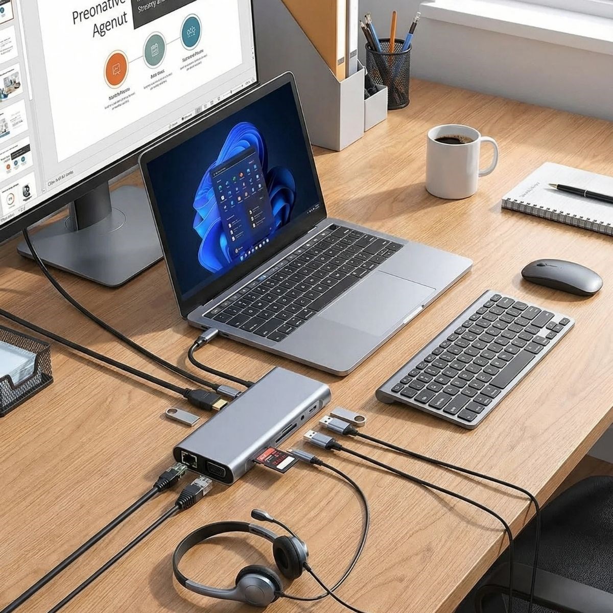 8in1 Type-C Çoklayıcı Hub HDMI 4K USB 3.0 SD TF Kart RJ45 Ethernet Dönüştürücü Adaptör — Veyo — görsel 3
