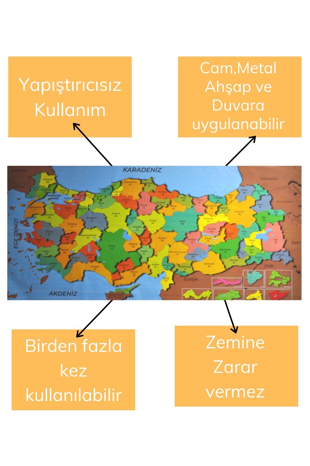 Renkli Türkiye Haritası Manyetik Yapıştırıcı Gerektirmeyen Duvar Stickerı 118 CM * 56 CM — Veyo — görsel 7