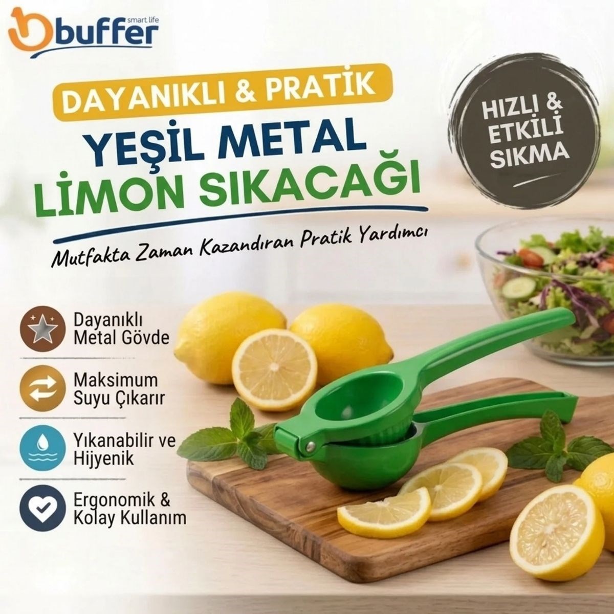 Manuel Limon Sıkacağı Yeşil Metal Narenciye Sıkma Aparatı Dayanıklı Pratik Mutfak Yardımcısı