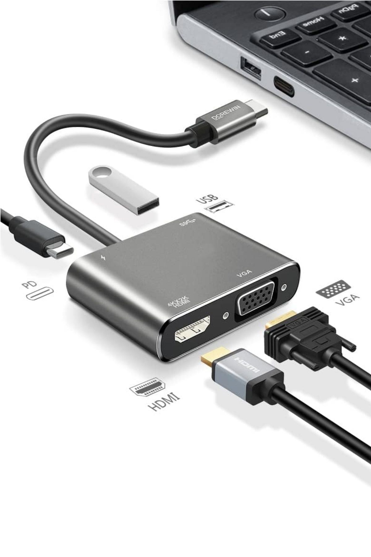 4’ü 1 Arada Type-C to Hub Dönüştürücü Adaptör – 4K Ultra HD HDMI & VGA Görüntü Aktarımı, PD Hızlı Şarj Destekli, USB Çoklayıcı — Veyo — görsel 7