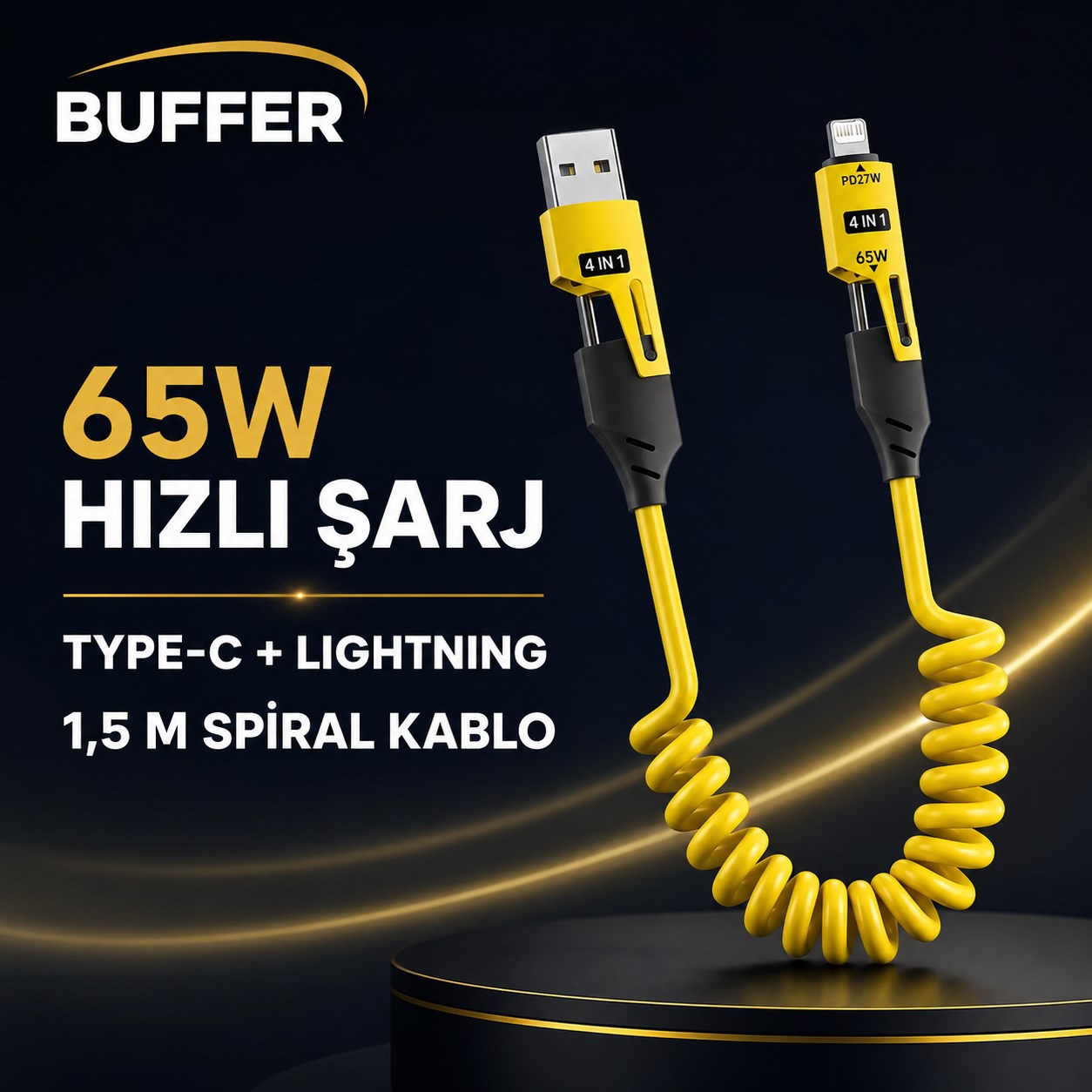 Araç İçi Spiral Hızlı Şarj Kablosu Esnek Yaylı Type-C ve Lightning Uyumlu Çoklu Bağlantı