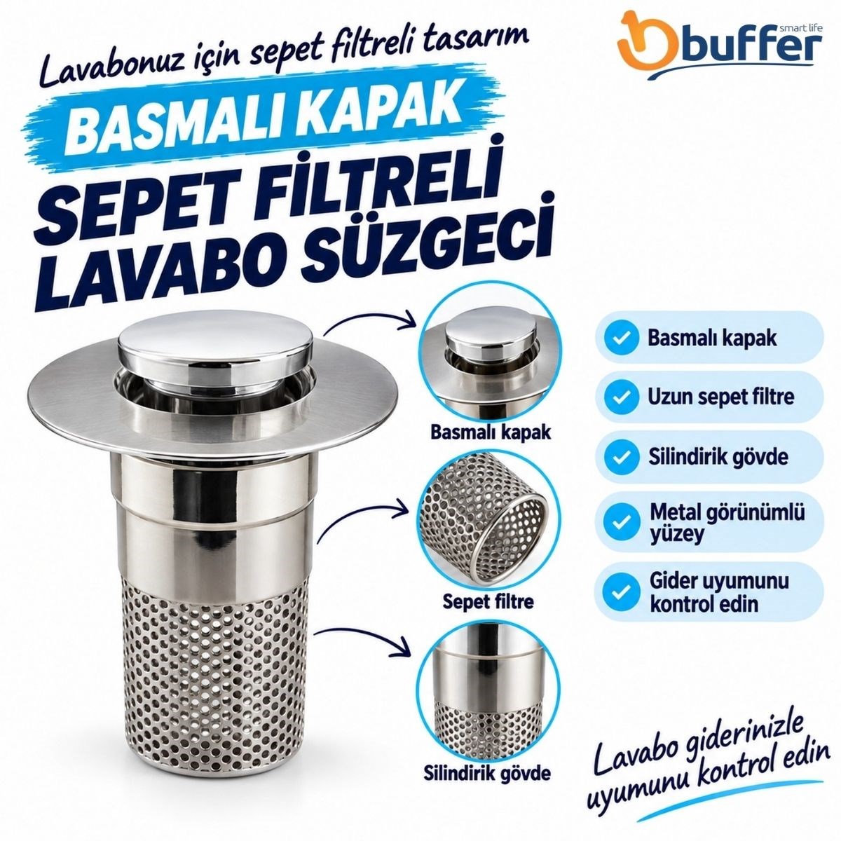 Lavabo Gider Süzgeci Basmalı Kapaklı Uzun Sepet Filtreli Metal Görünümlü Silindirik Saç Toplayıcı
