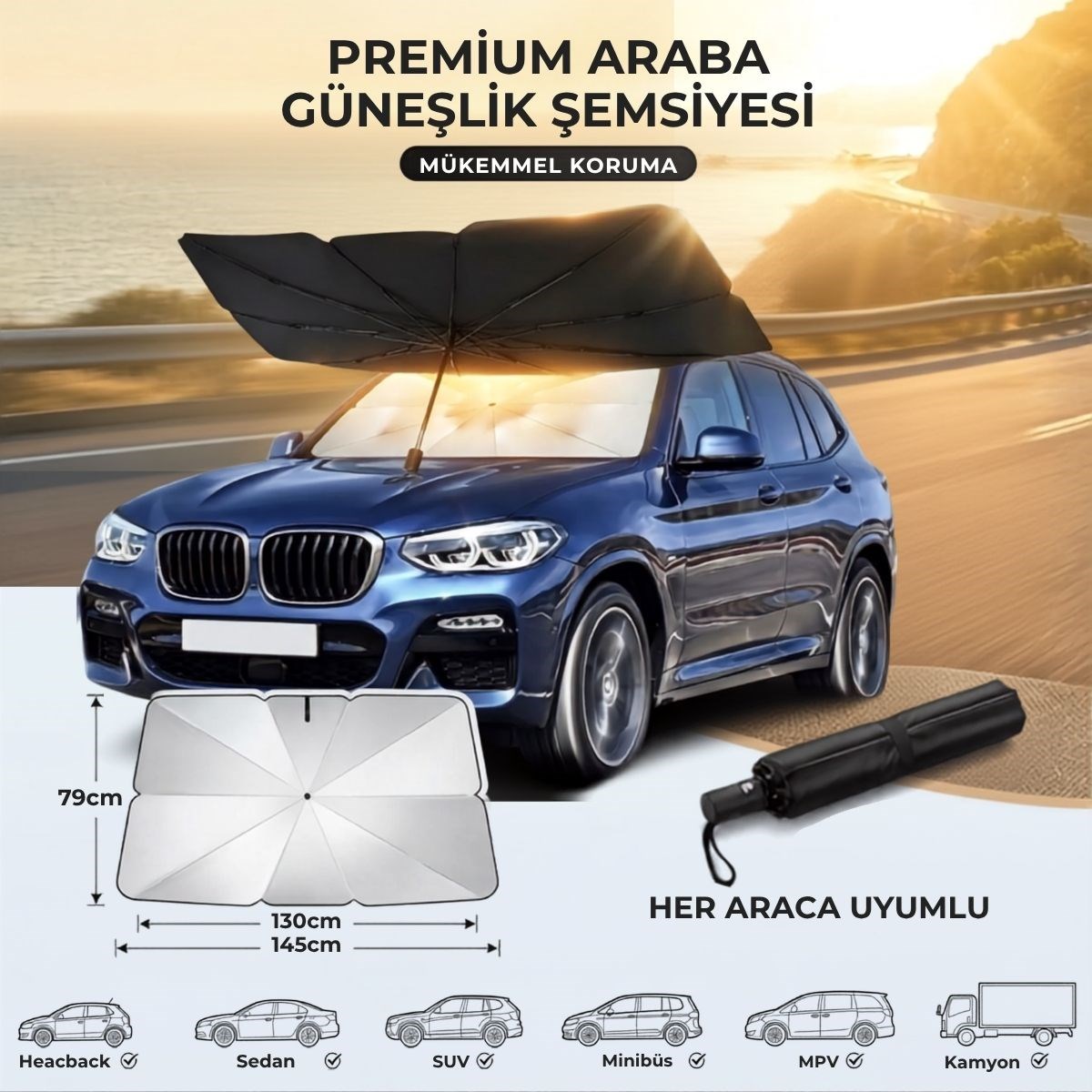 Premium Katlanabilir Araç Ön Cam Güneşliği – Şemsiye Tipi Oto Güneşlik, UV Korumalı Isı Yalıtımlı Ön Cam Gölgelik — Veyo — görsel 6