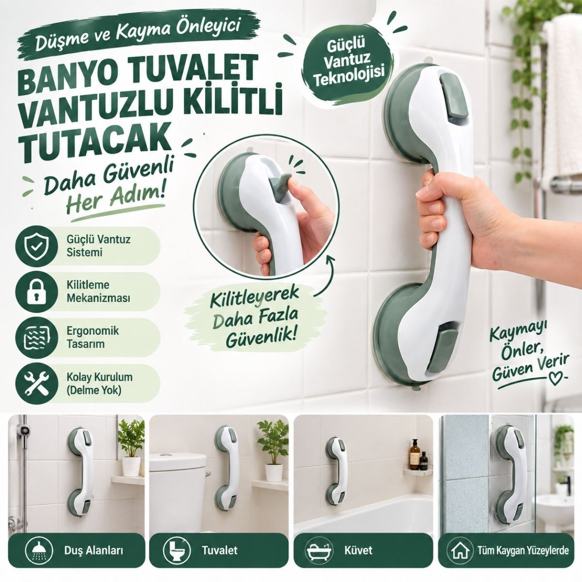 Düşme Ve Kayma Önleyici Banyo Vantuzlu Kilitli Tutacak Yaşlı Destek Duş Kabini Güvenlik Kolu