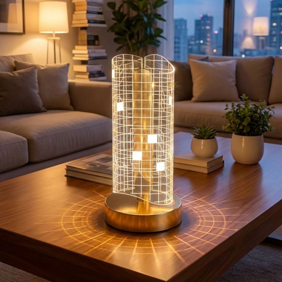 Dalgalı Silindirik Kristal Kareli Model LED Masa Lambası – Gold Tabanlı, Dokunmatik, 3 Renk Işık Modlu, Şarjlı Modern Dekoratif Gece Lambası — Veyo — görsel 2