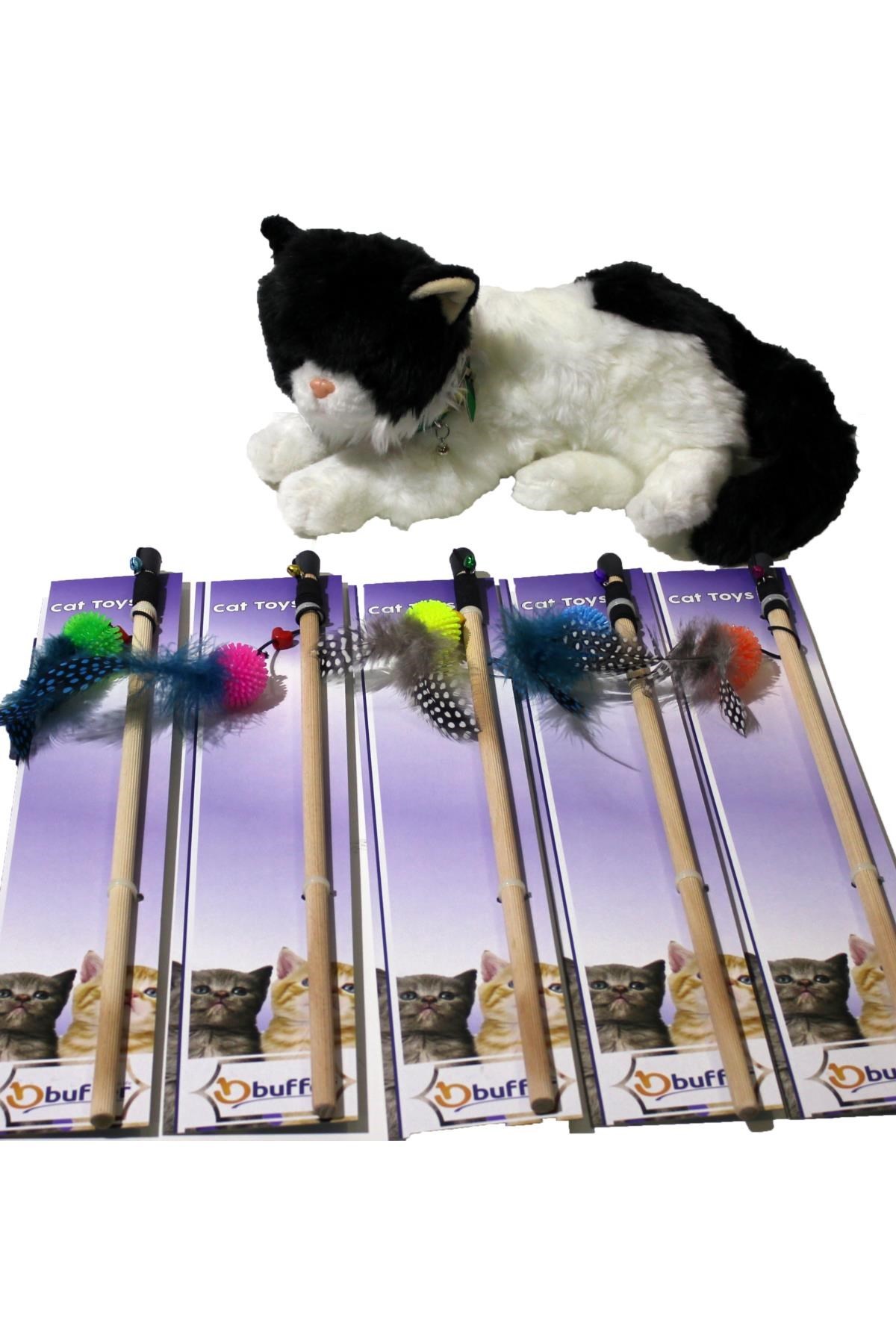 Kedi Oyun Oltası Peluş Oyuncaklı Tahta Saplı Uzayabilen Tüylü Top Yakalama Eğlenceli Pratik